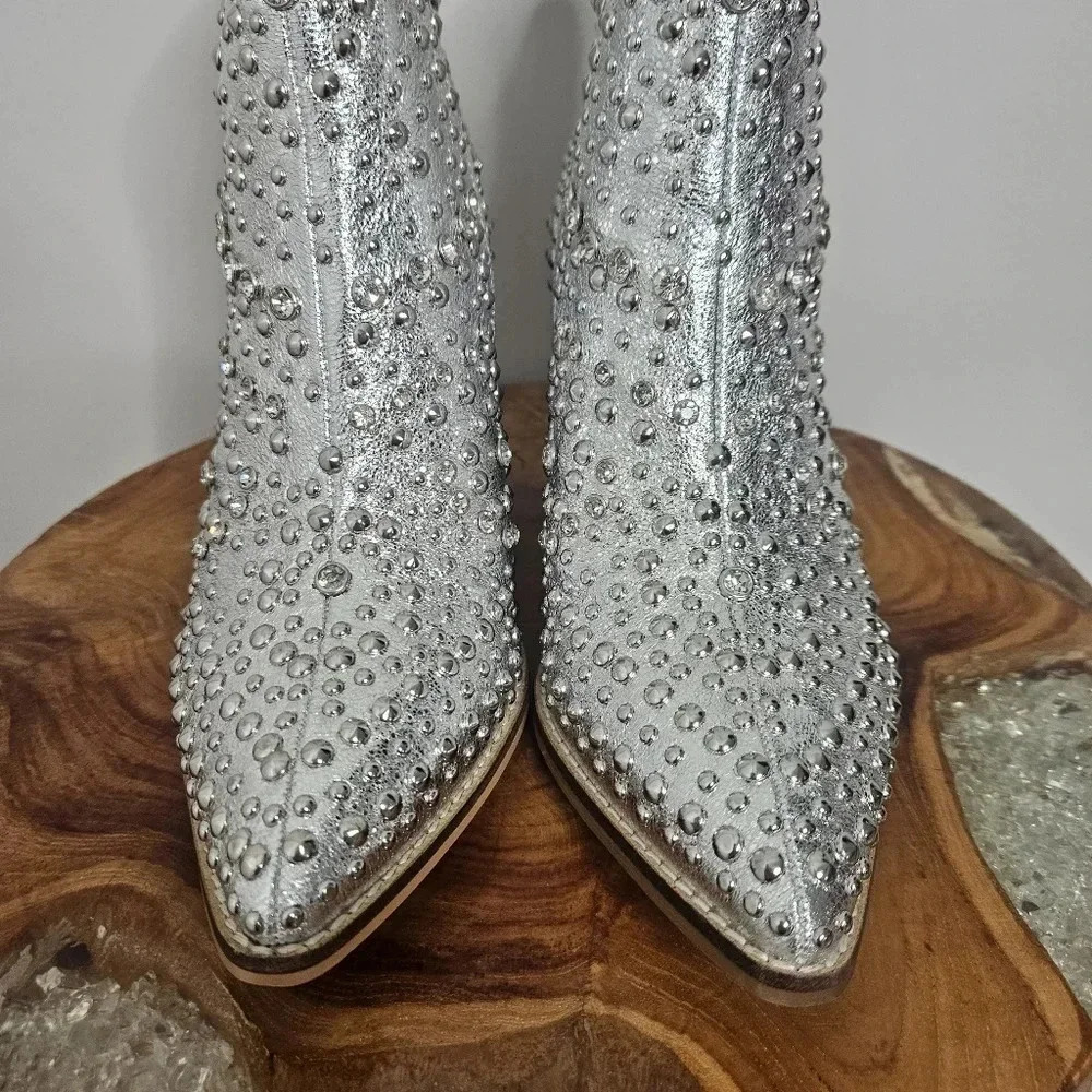 New Corkys Line Dance Silver Metallic Studded Crystal Western Ankle Boots - Picture 8 of 9